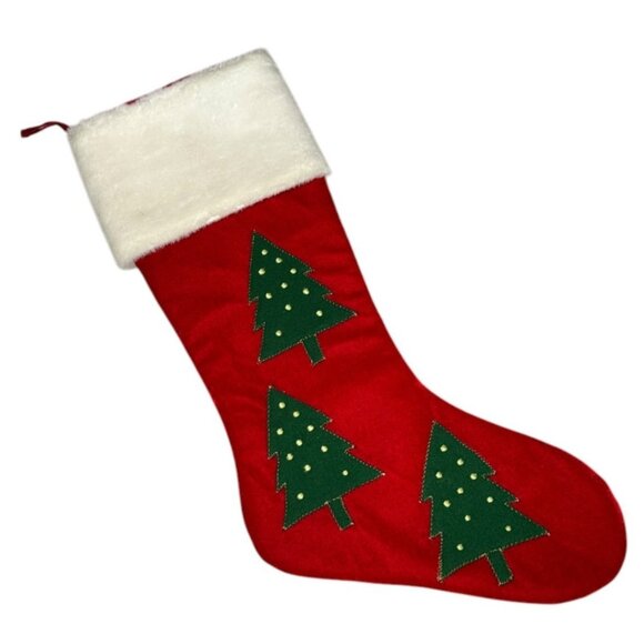 Vintage Christmas Tree Stocking Holiday Home Decor Red Green Felt Velour - Picture 1 of 8